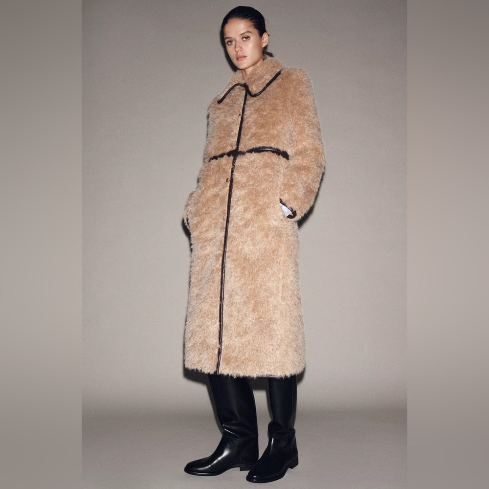 Zara LIMITED EDITION LONG FLEECE leather trimmed tan beige COAT sz.S